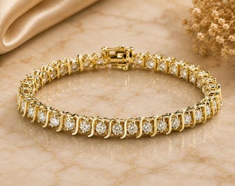 Pulsera de tenis de diamantes y moissanita de 7 pulgadas, plata de ley chapada en oro de 14 quilates.
