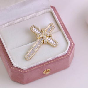 Baguette and Round Diamond Cross Pendant, Men&#39;s Diamond Cross Pendant, Unisex Diamond Cross Pendant for her, 14k Yellow Gold Plated Pendant