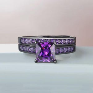 14K Black Gold Plated 925 Sterling Silver Cubic Zirconia Amethyst Bridal Ring, His Her Princess Wedding Band Engagement Bridal Ring Set