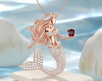 Moissanite Diamond Mermaid Pendant Necklace, 14K Rose Gold Plated 925 Silver