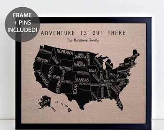 Framed USA Push Pin Map • Personalized Travel Anniversary Gift