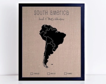 South America Pushpin Map • Personalised Push Pin Map • Travel Gift • Wedding Gift • Cotton or Linen Anniversary Gift • Framed Map
