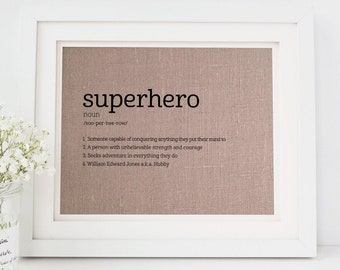 Definition of Superhero Fabric Print • Gift for Dad • Personalized Fathers Day Gift • Personalized Print • Dictionary Print