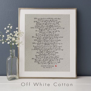 Testi di canzoni stampati su cotone o lino • Regalo di anniversario personalizzato • Regalo di cotone o lino • 2° anniversario • 4° anniversario