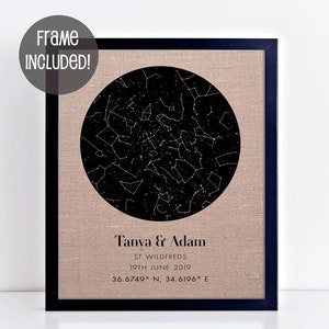 Impression constellation encadrée sur lin - ciel nocturne personnalisé pour cadeau d'anniversaire, cadeau d'anniversaire personnalisé en coton ou en lin pour mari/femme