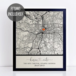 Personalisierter Line Art Stadtplan - Geschenk zum Jahrestag aus Baumwolle oder Leinen mit Rahmen - Geschenkideen zum 2., 4. und 12. Jahrestag für Mann oder Frau