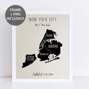 Gepersonaliseerde reiskaart New York Punaise – katoen/linnen | 100 gekleurde pinnen | Zwart/wit lijst | Verjaardagscadeau voor echtgenoot, reisdecor