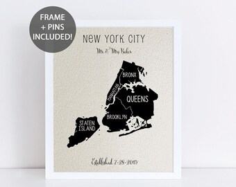 New York City Pushpin Map • Personalised Push Pin Map • Travel Gift • Wedding Gift • Cotton or Linen Anniversary Gift • Framed Map