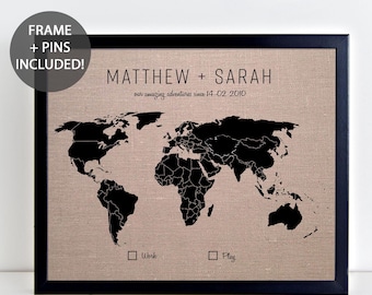 Couples Gift World Pushpin Map • World Travel Map • Wedding Gift • Linen Anniversary • Gift for Husband • Gift for Wife • Framed Custom Map