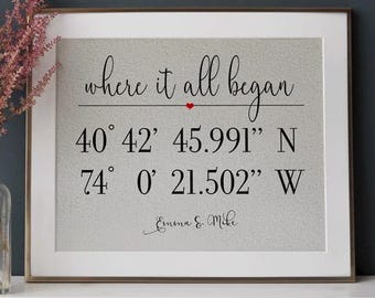 Stampa personalizzata con coordinate, regalo di anniversario in cotone, ricordo personalizzato della posizione
