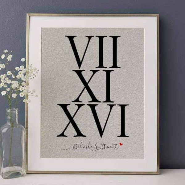 Roman Numerals Print, Anniversary Gift For Her, 1st Anniversary Gift, Cotton Anniversary Gift For Him, Personalised Gift, Wedding Gift
