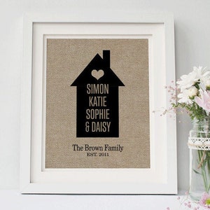 Home Sweet Home Stoffdruck - Einweihungsgeschenk mit Namen, neues Zuhause Geschenk, personalisiertes Geschenk für neue Hausbesitzer, rustikale Dekoration