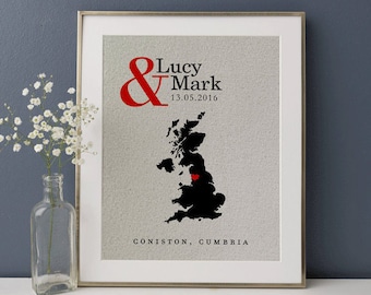 UK Map Wedding Gift • Personalized Wedding Gift • Anniversary Gift • Newlyweds Gift • Gift for Couples • Gift for Him • Gift for Her