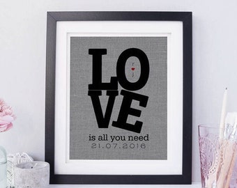 Love Is All You Need Print • Gift for Husband or Wife • Couples Anniversary or Engagement Gift • Gift for Her • Personalized Fabric Print