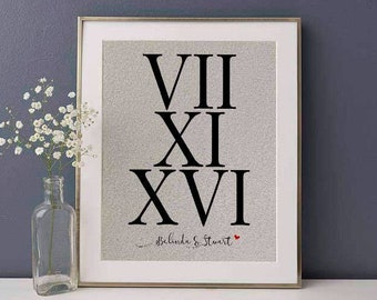 Roman Numerals Print, Anniversary Gift For Her, 1st Anniversary Gift, Cotton Anniversary Gift For Him, Personalised Gift, Wedding Gift