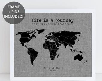 Life Is A Journey Pushpin Travel Map • World Map Wall Art • Travel Map of World • Travel Gifts • Personalised Travel Map • Wedding Gift
