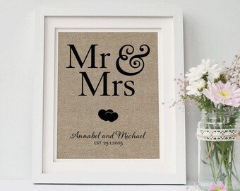 Mr Rustic Wedding decor Mr & Mrs Wedding sign Anniversary gift & Mrs Frame and Matte not Included Handmade burlap wall decor gifts-2E Gift for couple Family Establish Sign Personalized burlap print 