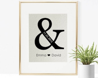 Estampado personalizado de algodón para aniversario: nombres de la pareja y fecha.