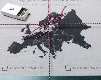Personalized Europe Travel Map with Pins | Linen or Cotton Anniversary Gift
