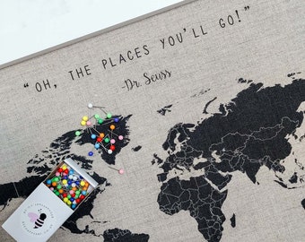 Linen / Cotton World Pushpin Travel Map, 2nd or 4th Anniversary Gift for Husband / Wife