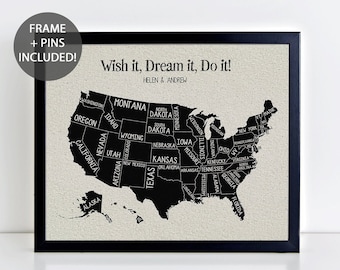 Wish it, Dream it, Do it!  Pushpin Map •  USA Map with Pushpins • Push Pin Personalised US Map • 2 Year Anniversary Gift • Wedding Gift