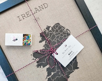 Ireland Travel Map with Pins - Custom Linen & Cotton Map Framed - Anniversary or Wedding Gift for Travelers, 2nd, 4th, 12th Anniversary Gift
