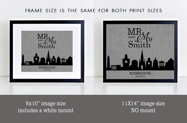 May include: Two black framed prints of a cityscape with the text "MR & Mrs Smith" and "EDINBURGH est. 2012". The print on the left is 8x10 inches and includes a white mount. The print on the right is 11x14 inches and has no mount.