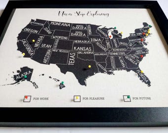 Personalized USA Push Pin Travel Map on Cotton or Linen – Anniversary Gift for Travel Lovers