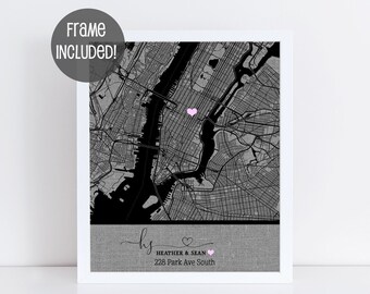 May include: Black and white map print with a pink heart marking a location on the map. The text below the map reads "Heather & Sean 228 Park Ave South".