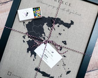 Personalised Greek Islands Travel Map – Pushpin Cotton/Linen, Framed