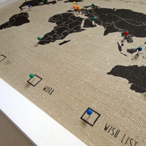 World Map Canvas, Linen Anniversary Gift, Pushpin Map, World Map Wall Art, Wedding Gift, Cotton Anniversary, Gift for Husband, Gift for Wife image 7