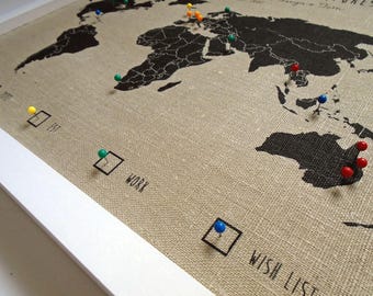 World Map Wall Art, Push Pin Map, Cotton or Linen Anniversary Gift, Custom Map, Travel Decor, Second Anniversary Gift, 4 Year Anniversary