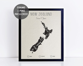 Personalized New Zealand Push Pin Map • Cotton or Linen Anniversary Gift • Framed