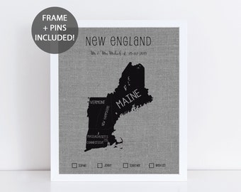 New England Pushpin Map • Personalised Push Pin Map • Travel Gift • Wedding Gift • Cotton or Linen Anniversary Gift • Framed Map