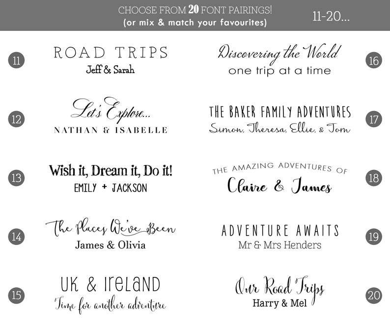 May include: A graphic showing 20 different font pairings for travel-themed stamp designs. Each design includes a phrase and the names of the people who will use the stamp. The phrases include "Road Trips", "Let's Explore", "Wish it, Dream it, Do it", "The Places We've Been", "UK & Ireland", "Discovering the World", "The Baker Family Adventures", "The Amazing Adventures of", "Adventure Awaits", and "Our Road Trips".