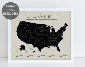 Wanderlust Pushpin Map •  Framed USA Map with Pushpins • Push Pin Personalised US Map • 2 Year Anniversary Gift • Wedding Gift • Linen Map