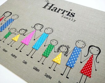 Custom Family Portrait Stickman Style | Printed on Cotton or Linen | Wedding & Anniversary Gift | 2nd or 4th Anniversary Gift for Husband