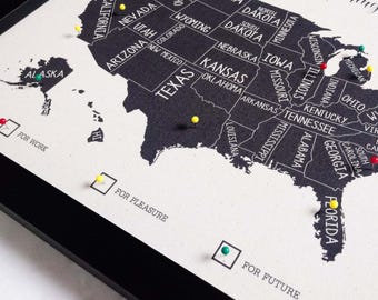 USA Push Pin Travel Map – Cotton Linen Print, Framed Anniversary Gift