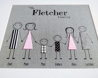 Handmade Family Stickman Portrait on Cotton or Linen - Personalized Gift for Any Occasion - 2nd or 4th  Anniversary Gift for Husband or Wife