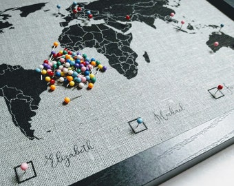 World Map Canvas, Linen Anniversary Gift, Pushpin Map, World Map Wall Art, Wedding Gift, Cotton Anniversary, Gift for Husband, Gift for Wife