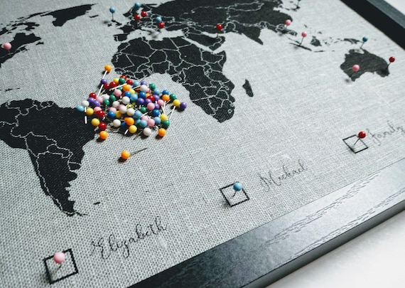 World Map Canvas, Linen Anniversary Gift, Pushpin Map, World Map Wall Art, Wedding Gift, Cotton Anniversary, Gift for Husband, Gift for Wife