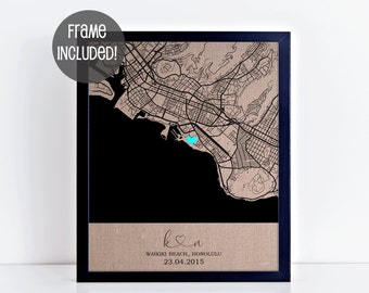 Mapa personalizado con iniciales conectadas • Regalo de aniversario de lino • Aniversario de algodón • Boda • Impresión personalizada de la ciudad • Regalo para parejas • Mapa de la ciudad