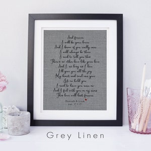 Peut inclure: Une impression encadr&eacute;e sur du lin gris avec un po&egrave;me manuscrit sur l'amour et un petit c&oelig;ur rouge. Le texte dit "And forever I will be your lover... This love will last forever. Hannah & Liam est. 17.1.17".