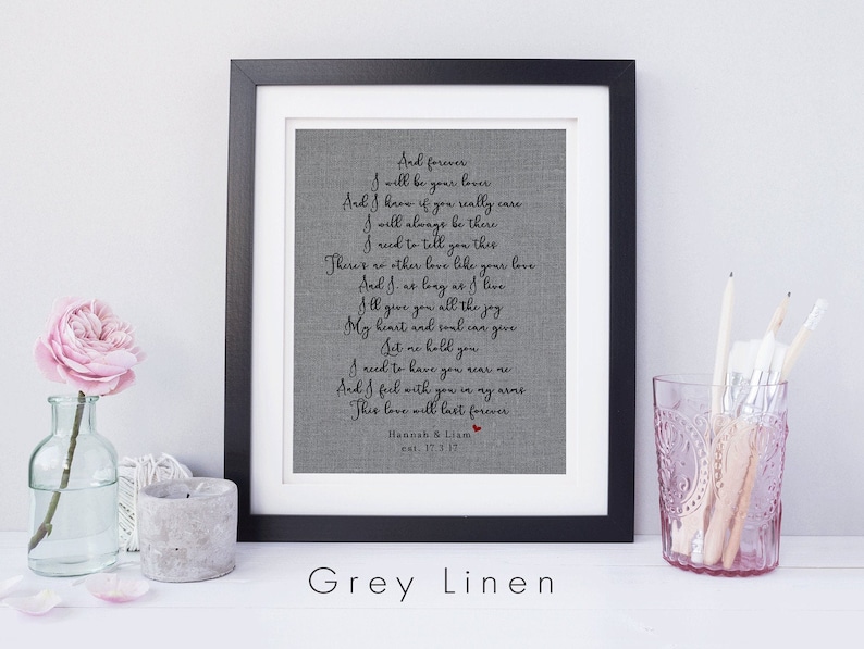 Peut inclure: Une impression encadr&eacute;e sur du lin gris avec un po&egrave;me manuscrit sur l'amour et un petit c&oelig;ur rouge. Le texte dit "And forever I will be your lover... This love will last forever. Hannah & Liam est. 17.1.17".