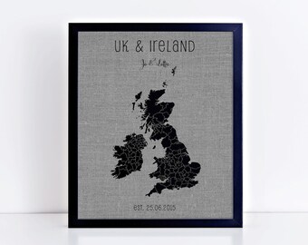 UK & Ireland Pushpin Map • Personalised Push Pin Map • Travel Gift • Wedding Gift • Cotton or Linen Anniversary Gift • 4th Anniversary Gift