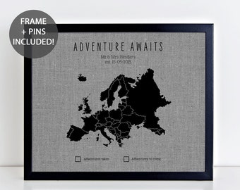 Adventure Awaits Europe Pushpin Map • Personalised Push Pin Europe Map • Travel Gift • Wedding Gift • Cotton Anniversary Gift • Framed Map