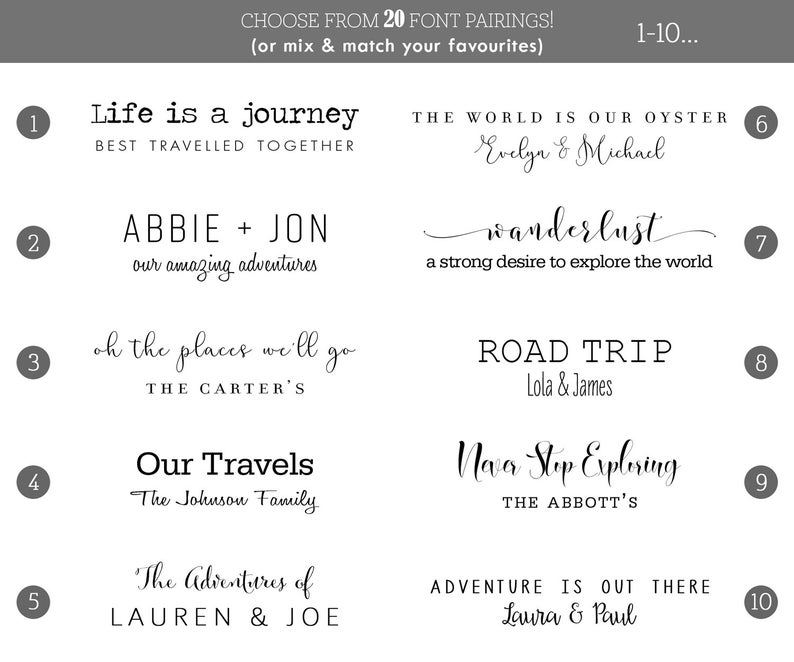 May include: A graphic design sheet with 10 different font pairings for travel-themed names and quotes. The font pairings are numbered 1 through 10. The quotes include "Life is a journey", "The world is our oyster", "Wanderlust", "Road trip", "Our travels", "The adventures of", and more.