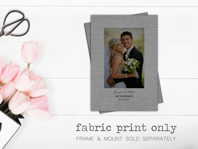 May include: A grey fabric print featuring a wedding photograph of a couple in front of a green background. The text "Jennifer & William HENDERSON 07.10.2017" is printed below the photo.