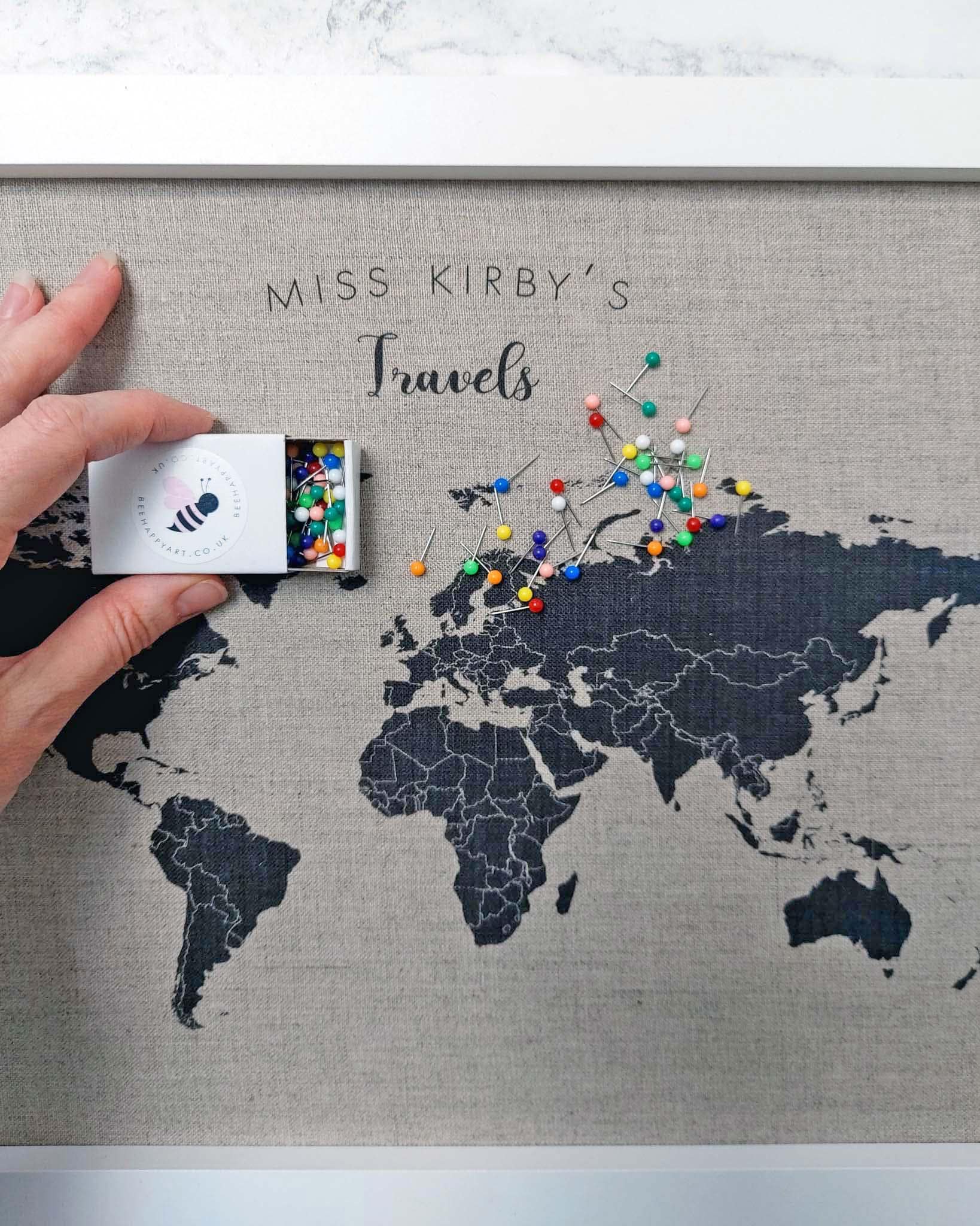 Framed Cotton Linen World Travel Map With Pins – Personalized Push