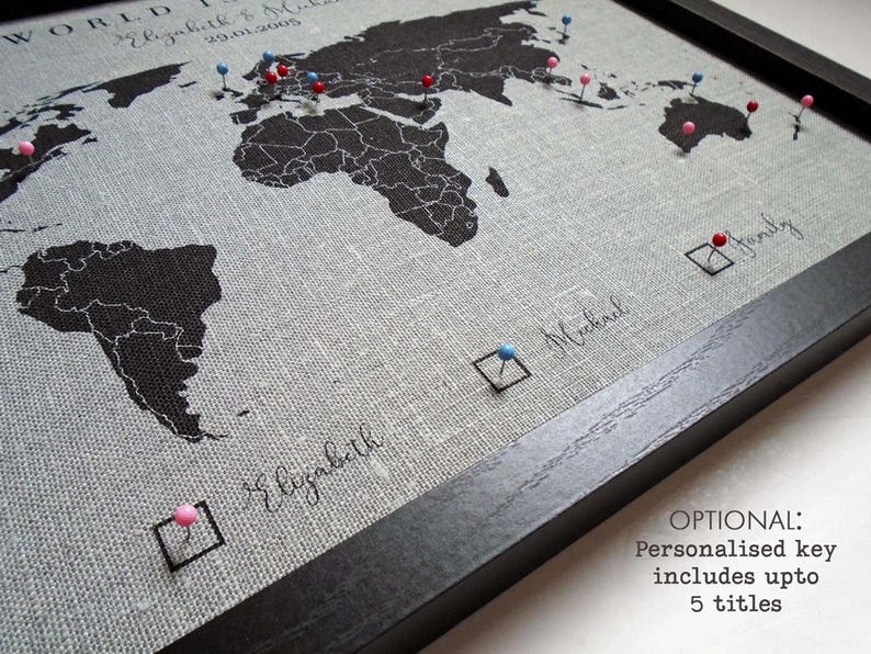 World Map Canvas, Linen Anniversary Gift, Pushpin Map, World Map Wall Art, Wedding Gift, Cotton Anniversary, Gift for Husband, Gift for Wife image 6